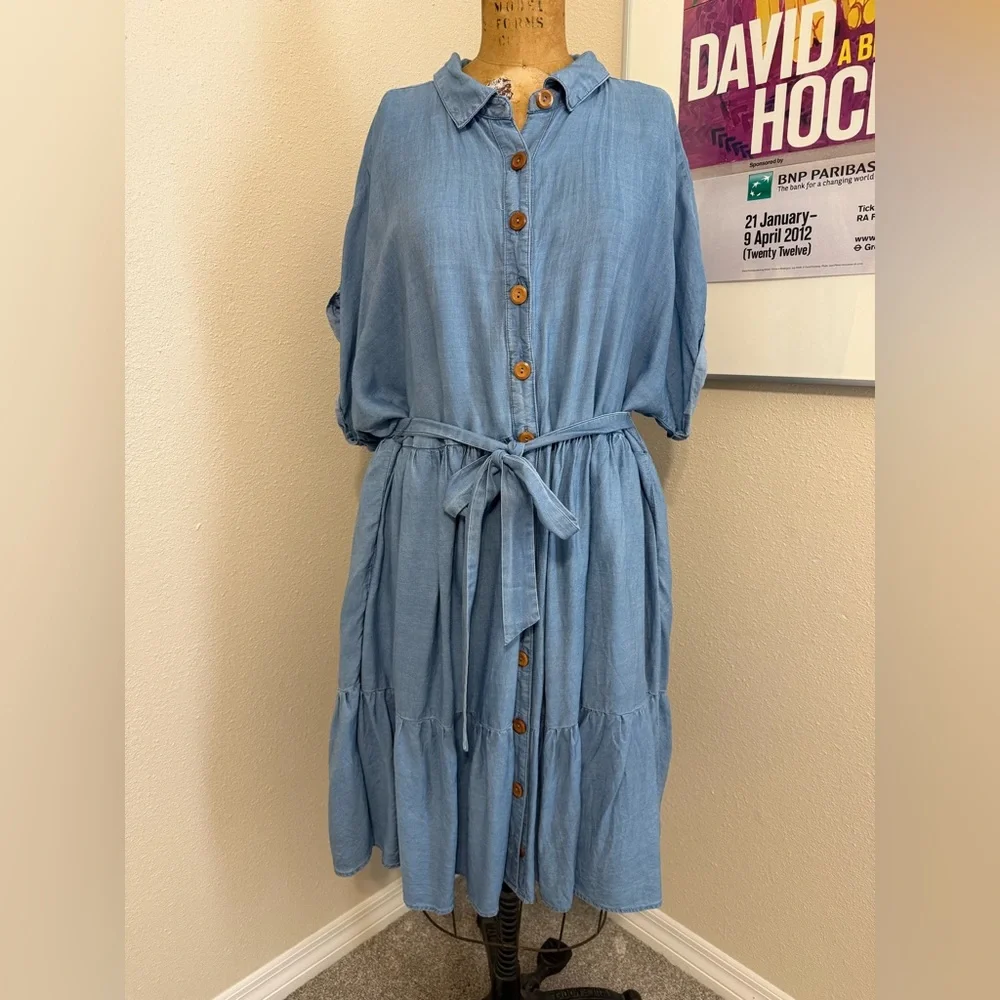 Torrid Mini Chambray Tiered Shirt Dress
Size 2X 
Color: Medium Wash - Picture 3 of 12